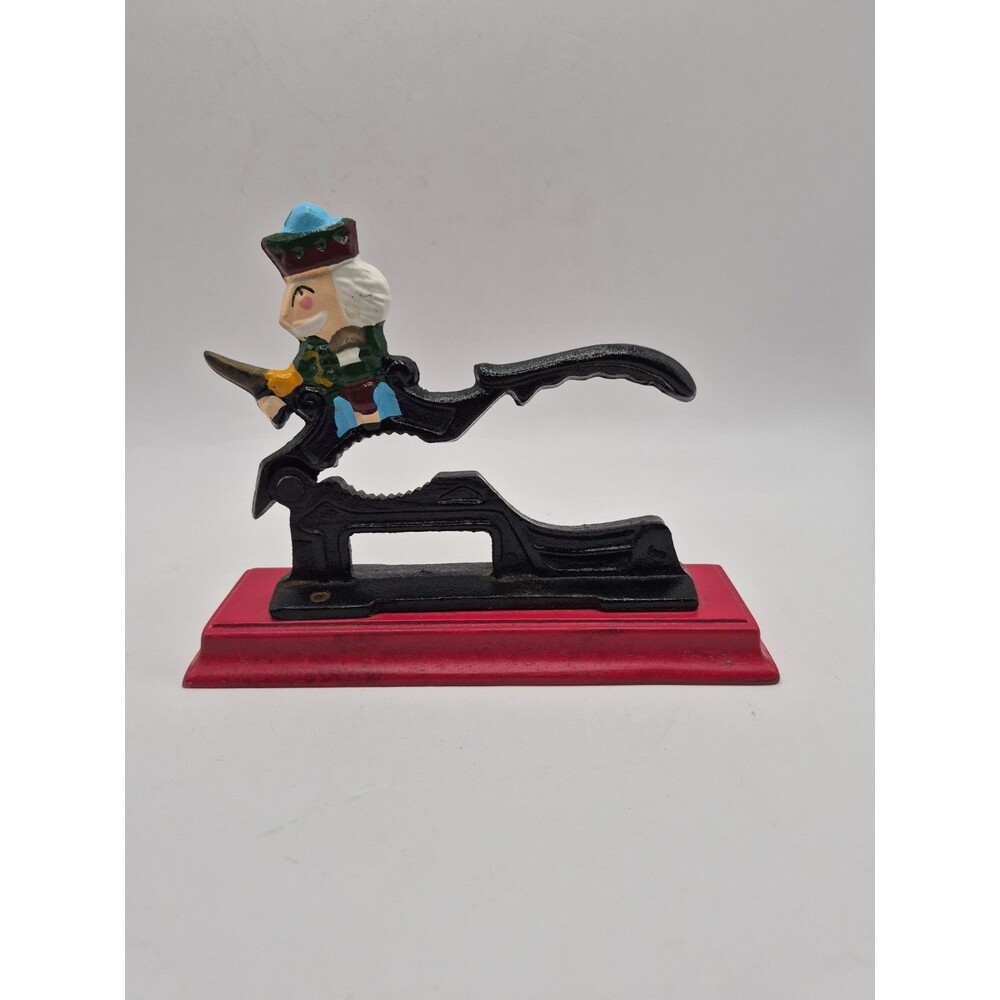Vintage Cast Iron Soldier Nutcracker Mechanical Lever Action on Red Wood Base